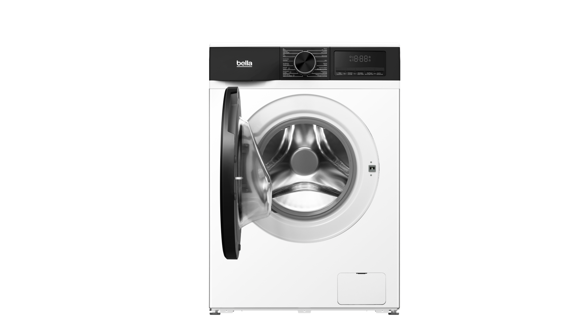 Een witte wasmachine met een open deur. Het bedieningspaneel is zwart. De merknaam is 'bella'.