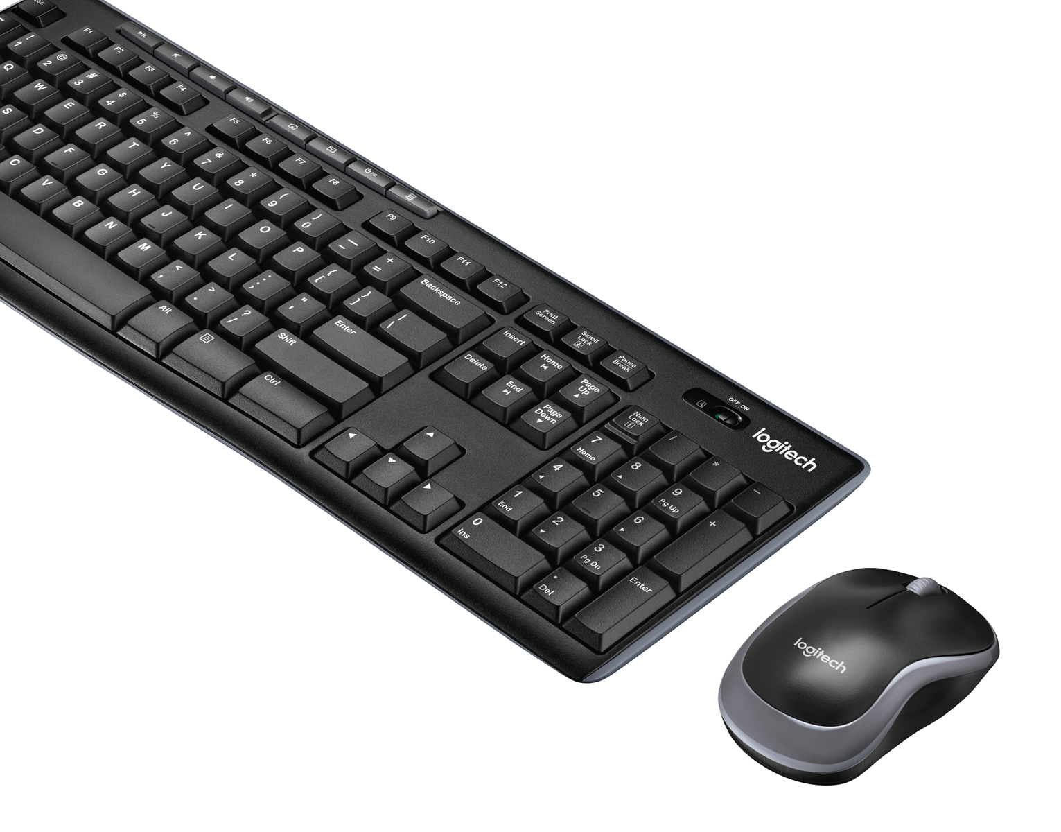 Schwarze Logitech-Tastatur und -Maus auf weißem Hintergrund. Tastatur hat Tasten. Maus hat ein Scrollrad und Logo.