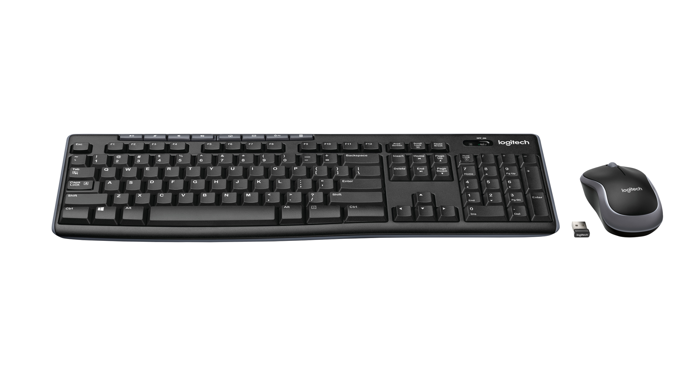 Ein schwarzes Logitech-Tastatur- und Maus-Set auf weißer Oberfläche. Die Tastatur hat einen Ziffernblock. Ein USB-Empfänger ist ebenfalls sichtbar.