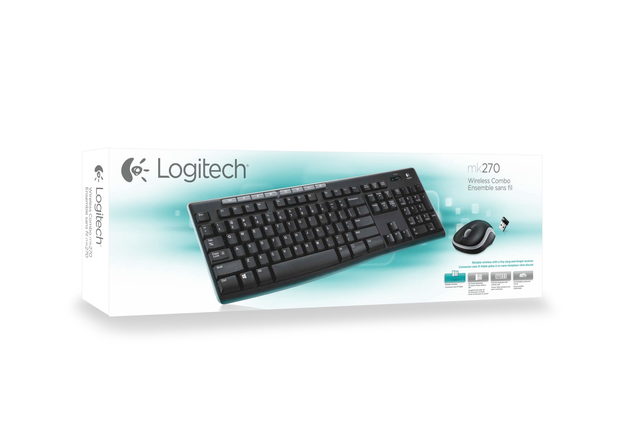Logitech-Tastatur- und Maus-Combo in einer Box. Schwarze Tastatur und Maus auf weißem Hintergrund.