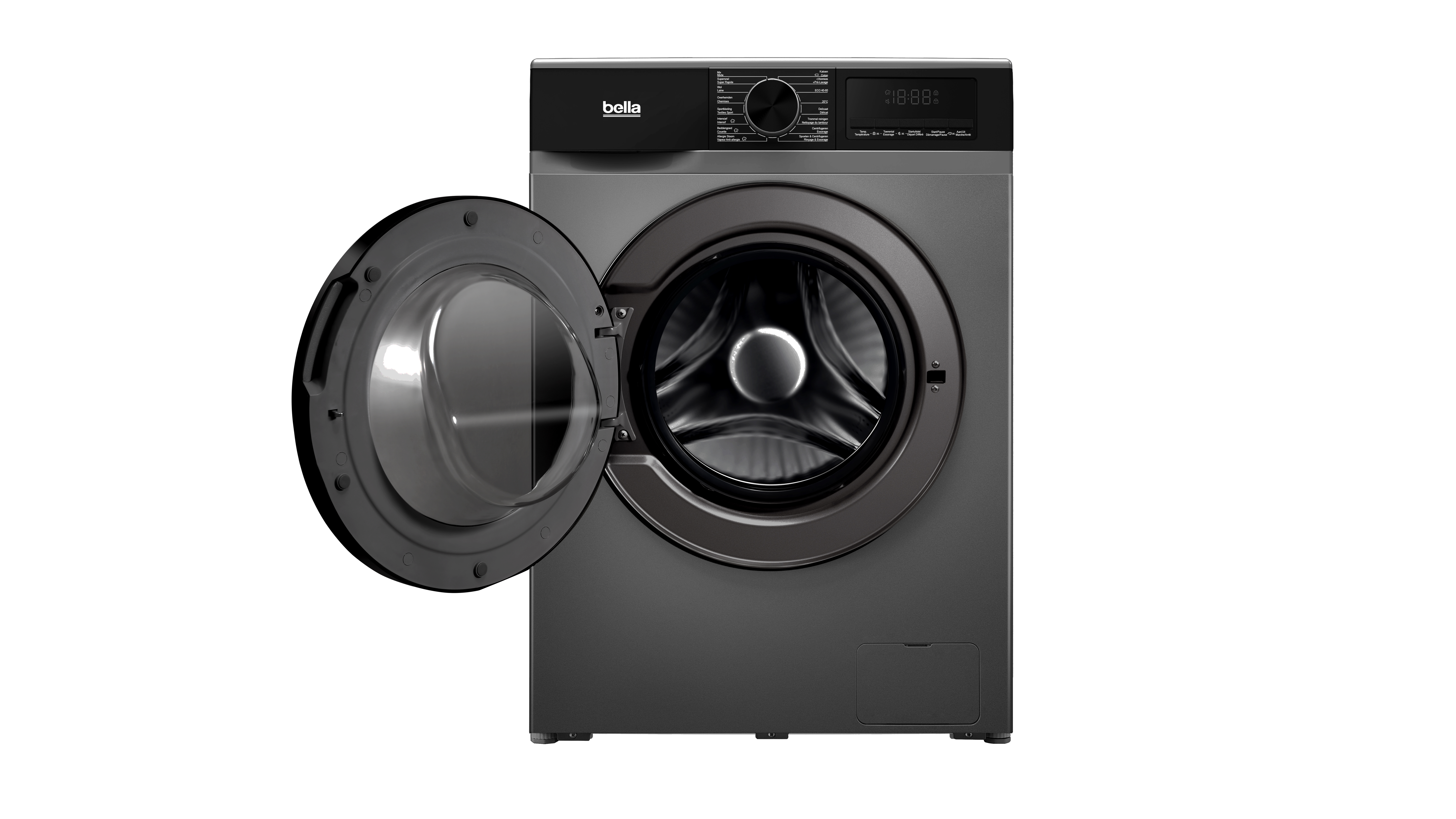A gray washing machine with the door open, showing the inside drum. The control panel is at the top with a digital display.