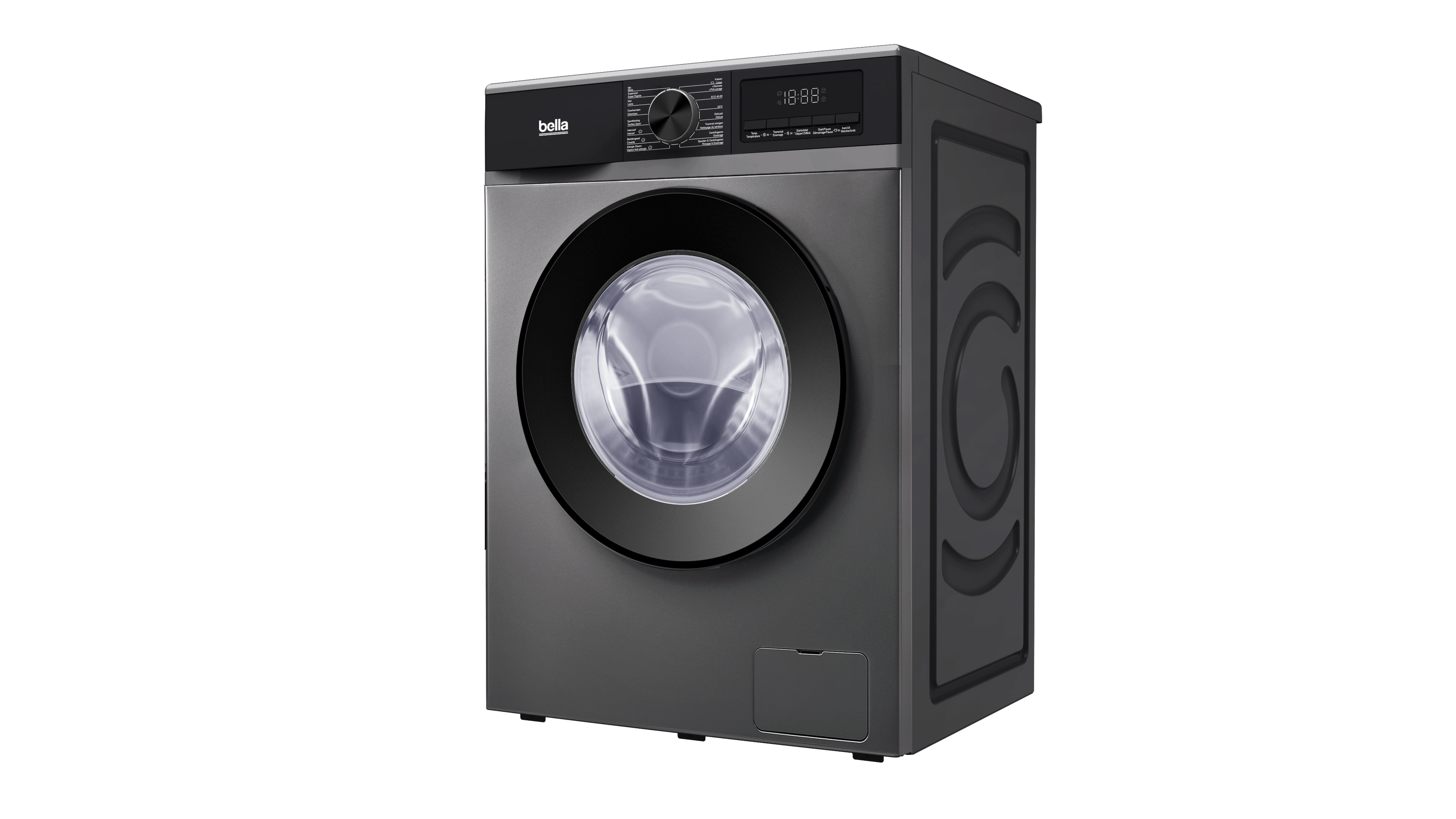 A gray washing machine with a black door and control panel. The brand is Bella. It has a digital display.
