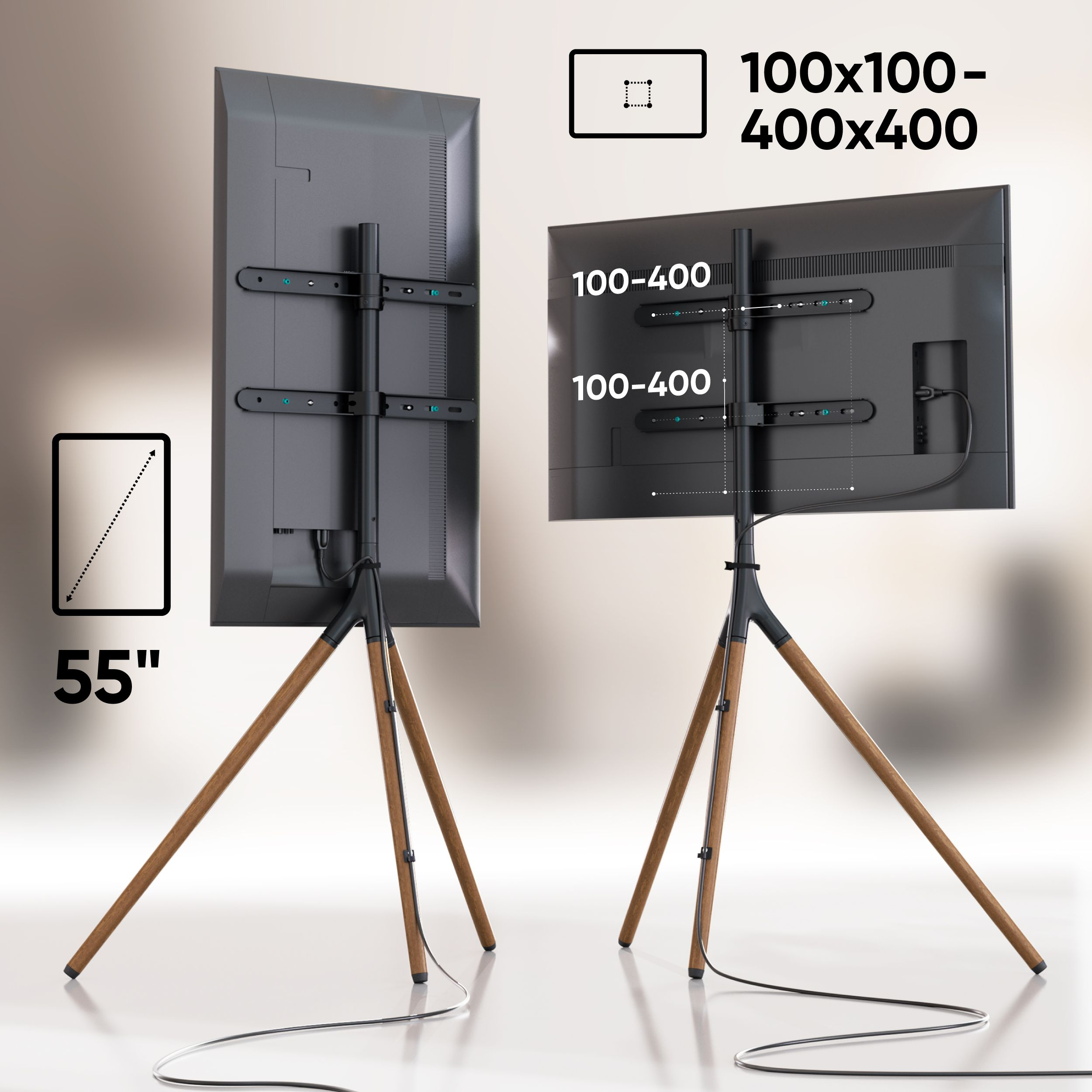 Dwa telewizory na drewnianych statywach. Wymiary są pokazane. Rozmiar 55" jest oznaczony.