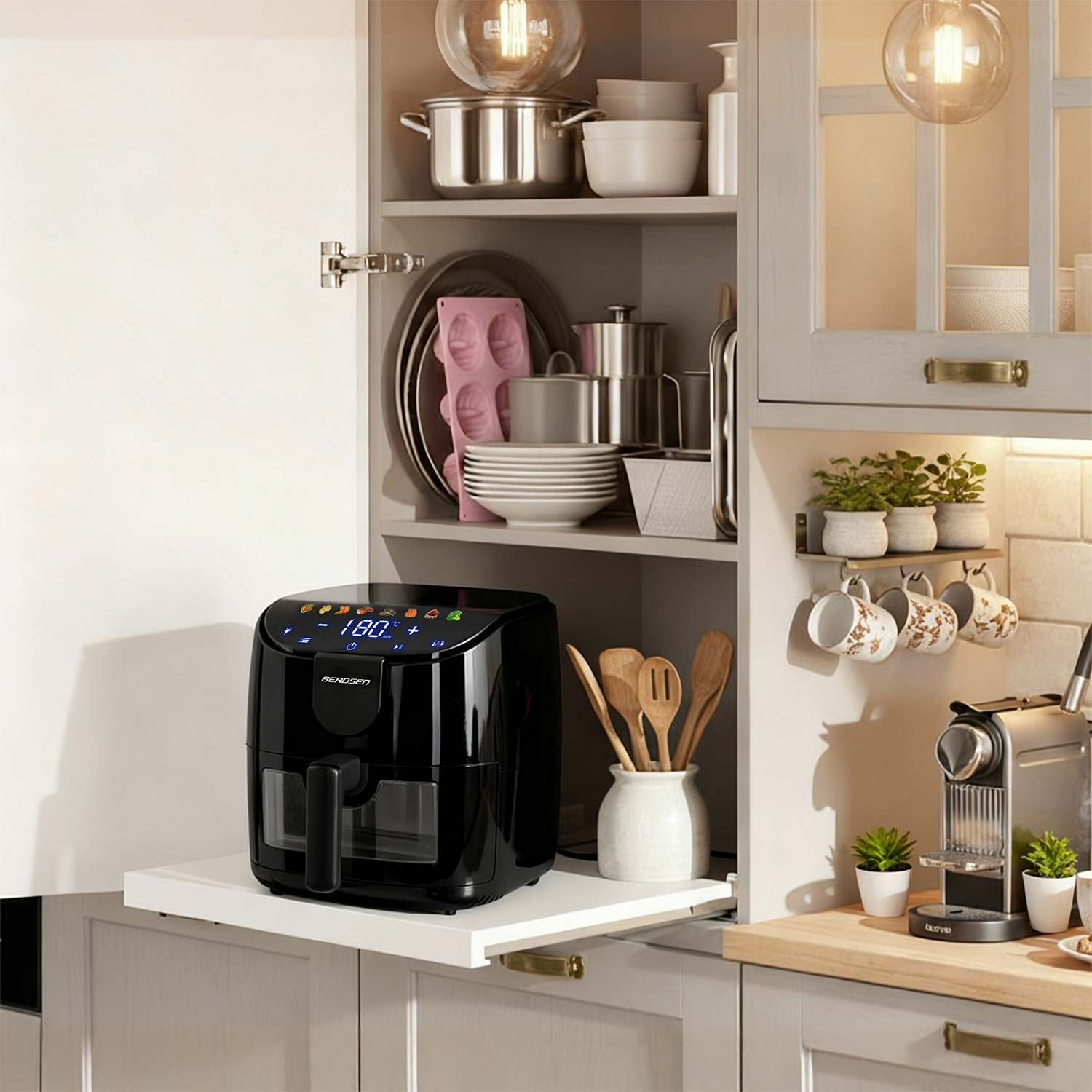 Czarna frytownica powietrzna stoi na białej półce w kuchni. Szafki i naczynia kuchenne w tle. Drewniane przybory.