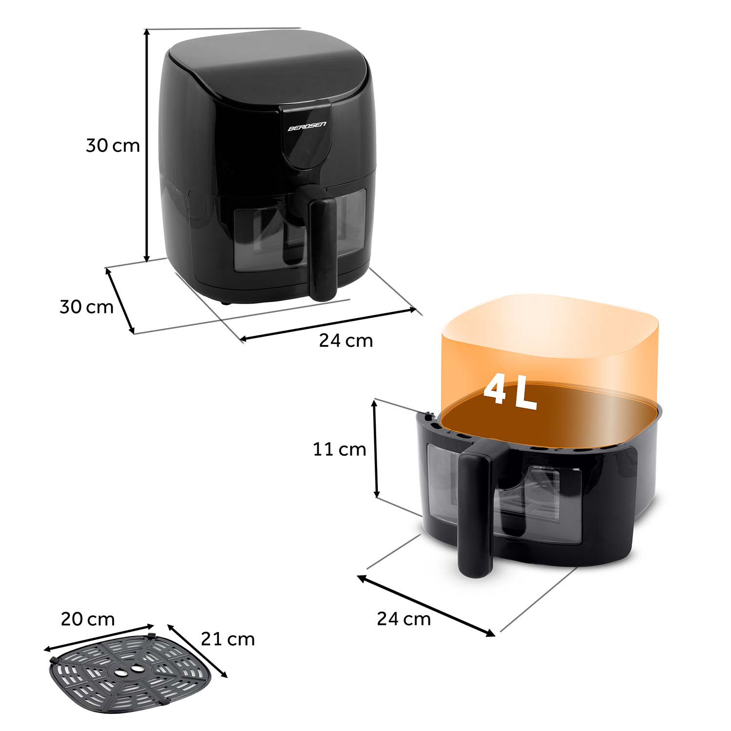Zestaw frytkownicy powietrznej z wymiarami, w tym czarna frytkownica powietrzna, kosz wewnętrzny i płyta grillowa, wszystko na białym tle.