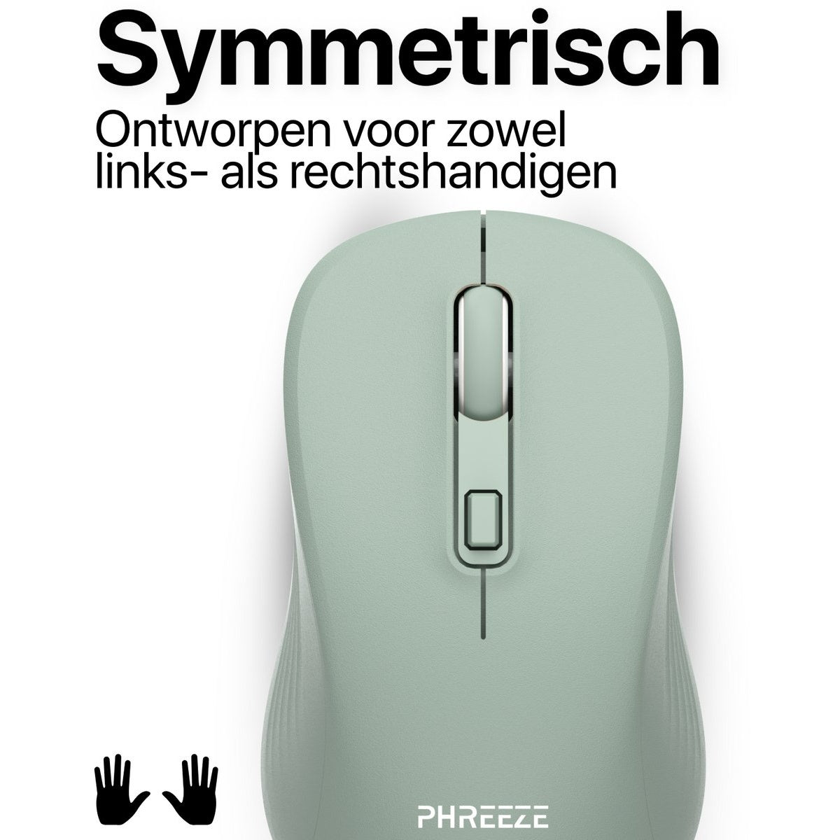 Een mintgroene, symmetrische computermuis. Boven staat 'Symmetrisch'. De muis is ontworpen voor links- en rechtshandigen.