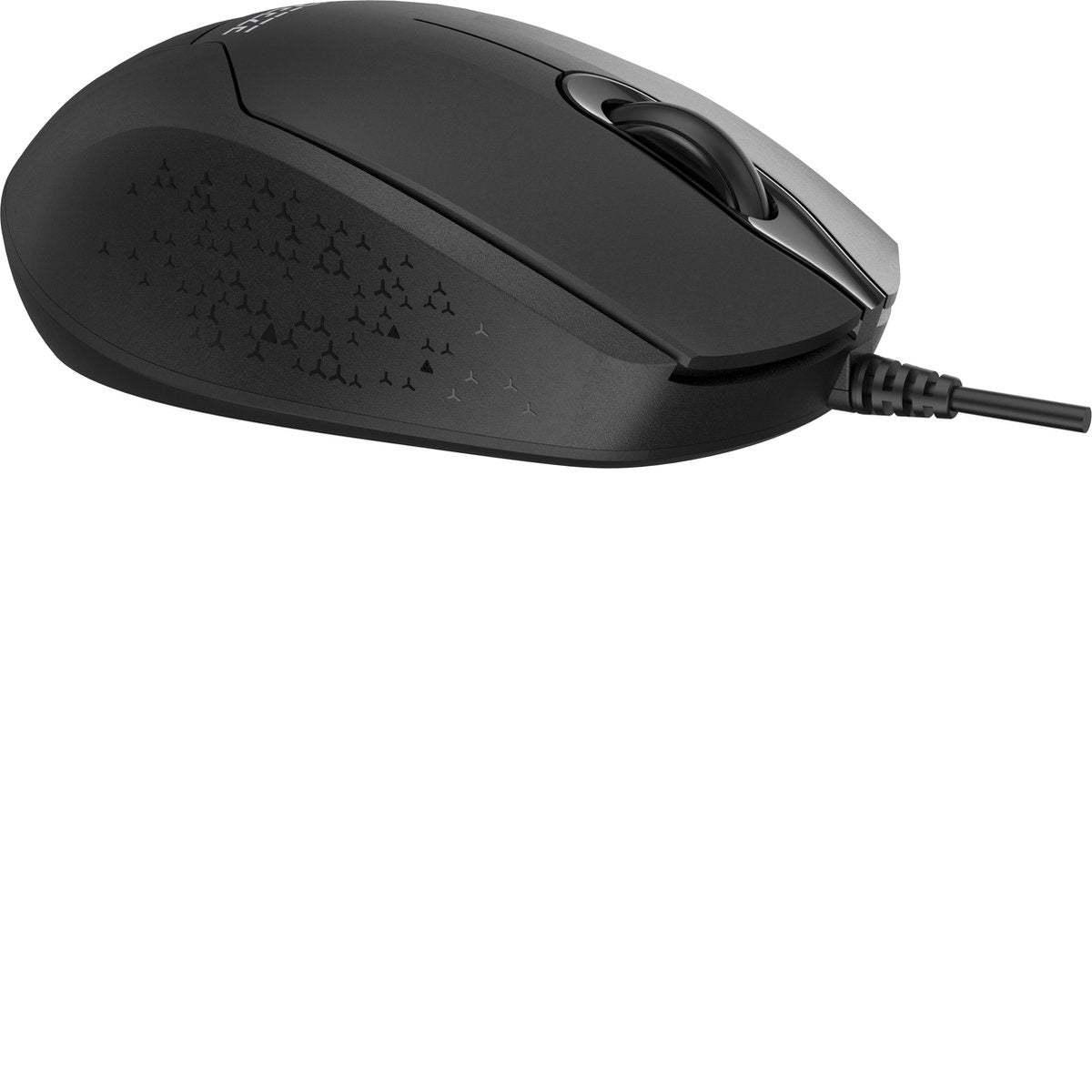 A black computer mouse with a silver scroll wheel and a patterned surface. A black cable extends from the mouse.