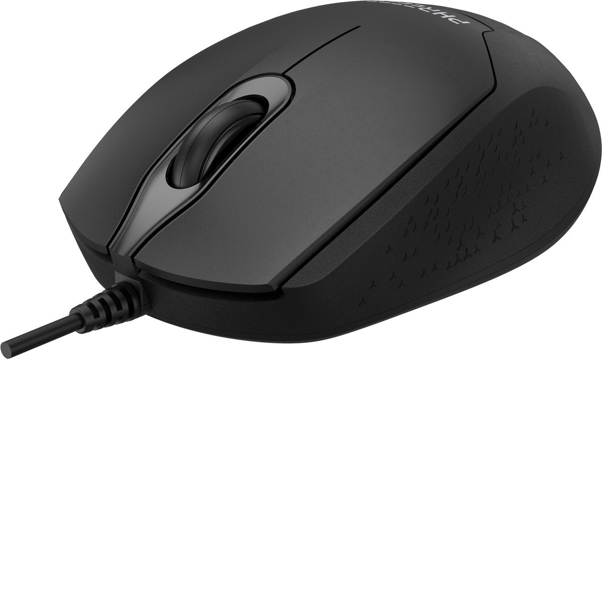 A black computer mouse with a scroll wheel and a cord. The mouse is on a white background. It has a textured surface.