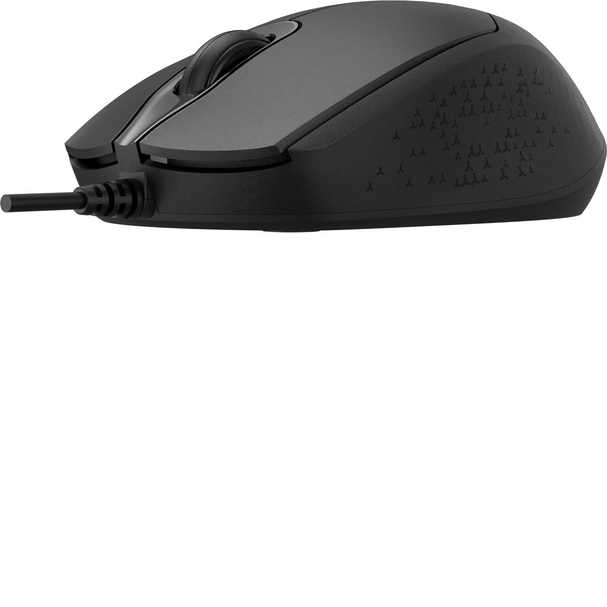 A black computer mouse with a scroll wheel and a cord. The side has a pattern of small, white tree-like shapes.