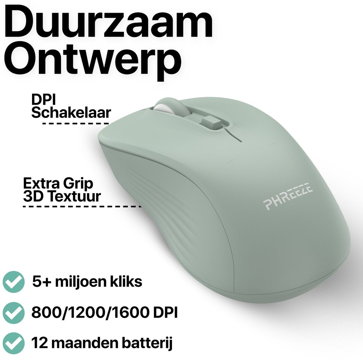 Een mintgroene draadloze muis met de tekst 'Duurzaam Ontwerp'. Kenmerken zijn DPI, extra grip en batterijduur. Merk is 'PHREEZE'.