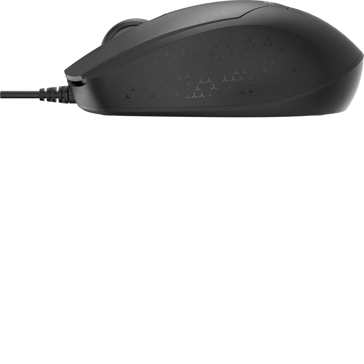 A black computer mouse with a patterned surface. A cable extends to the left. The background is white.