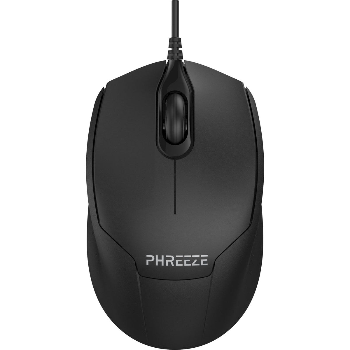 A black computer mouse with a scroll wheel and a cord. The brand name, PHREEZE, is printed on the mouse.