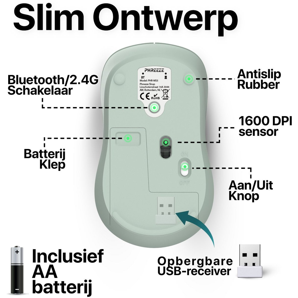 Een lichtgroene draadloze muis met labels die functies zoals Bluetooth, DPI-sensor en een meegeleverde AA-batterij aangeven.