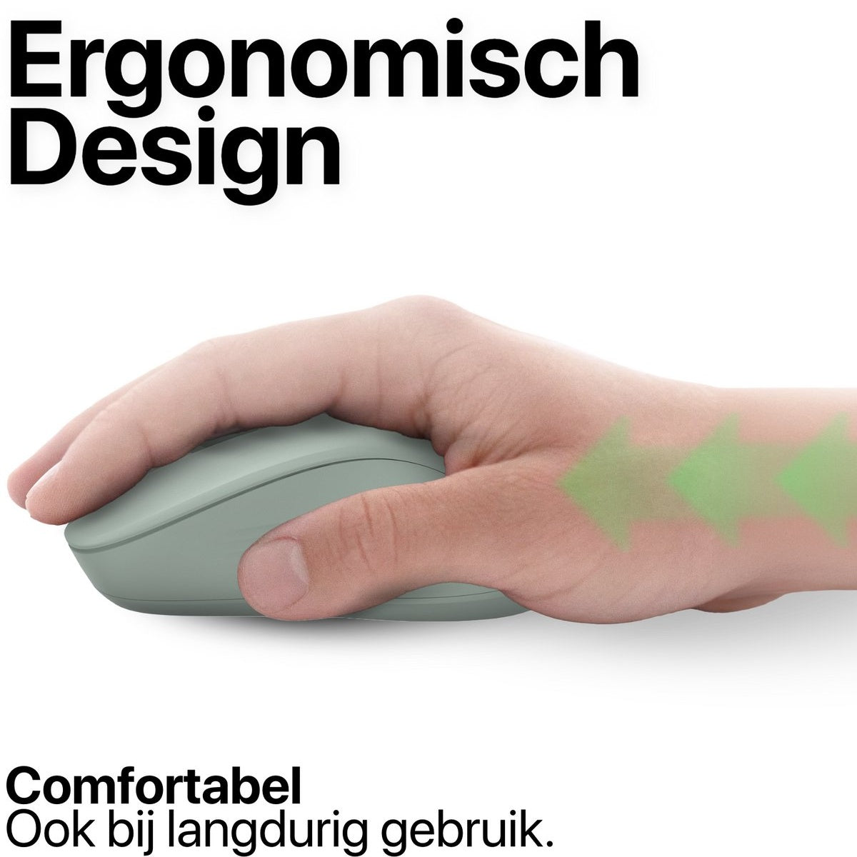 Een hand houdt een grijze ergonomische muis vast. Groene pijlen duiden op comfort. Tekst: Ergonomisch ontwerp, comfortabel, ook voor langdurig gebruik.
