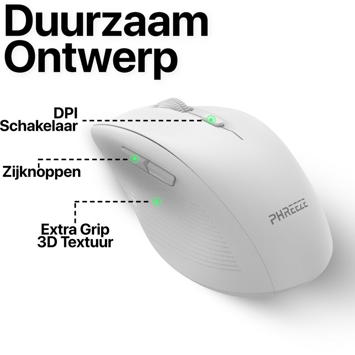 Een witte computermuis wordt getoond met labels. De muis heeft een DPI-schakelaar, zijknoppen en een 3D-textuur voor extra grip.