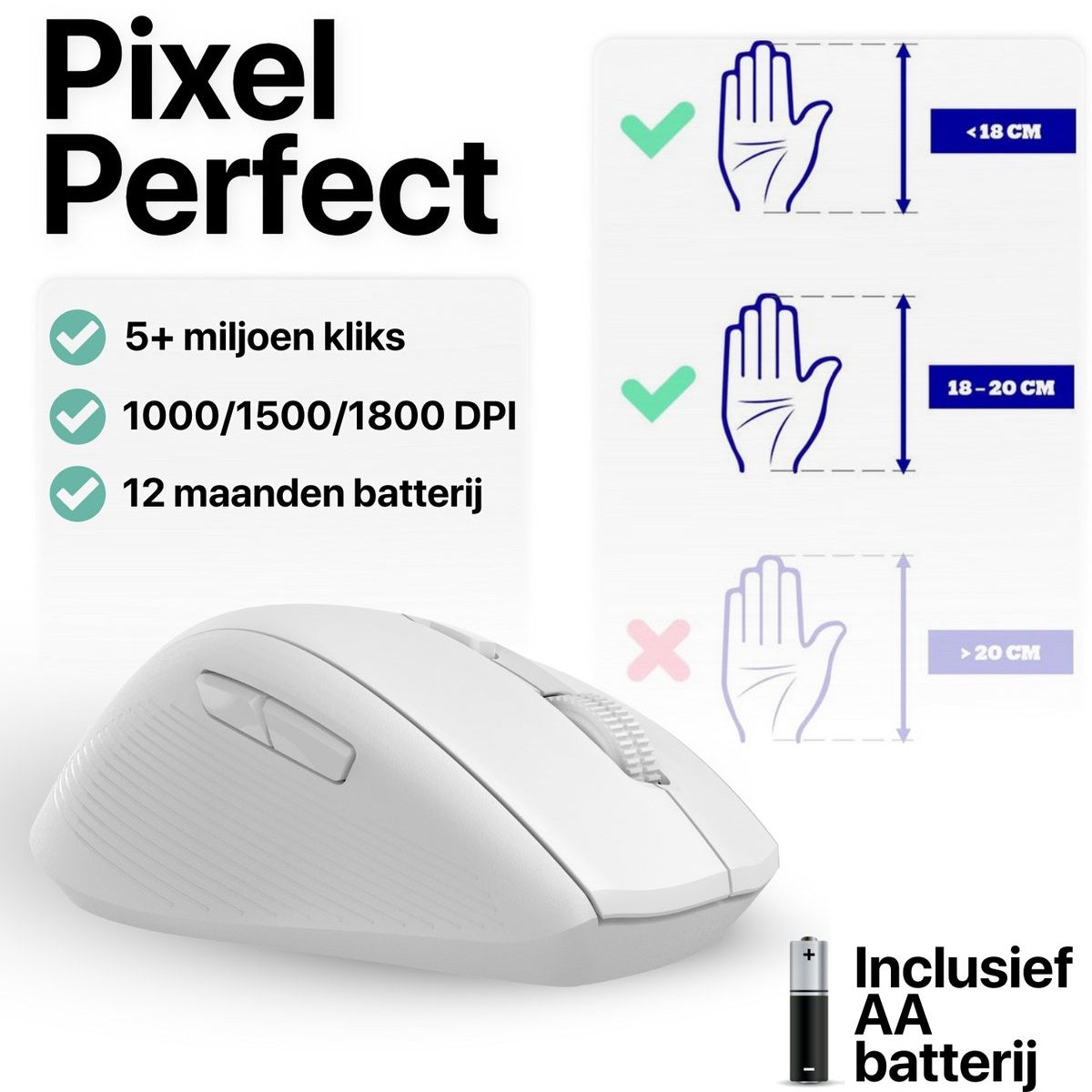 Witte muis met specificaties, handgids, batterij inbegrepen. Tekst: Pixel Perfect, 5+ miljoen klikken, 12 maanden batterij.