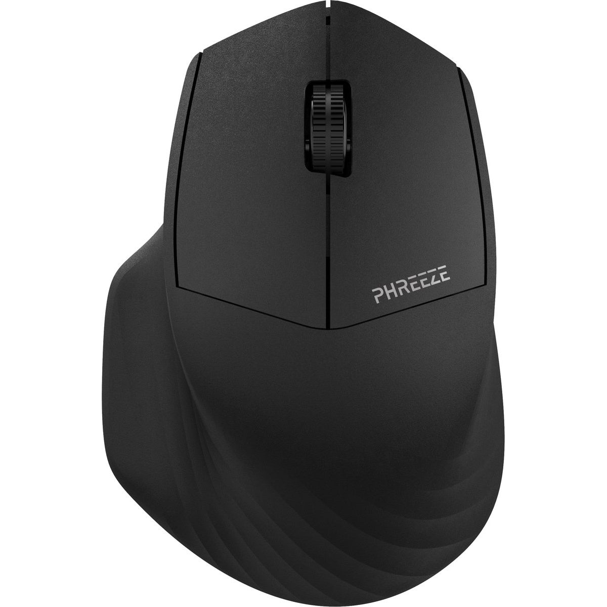 Een zwarte computermuis met een scrollwiel en de merknaam 'PHREEE' aan de zijkant. De muis staat op een witte achtergrond.