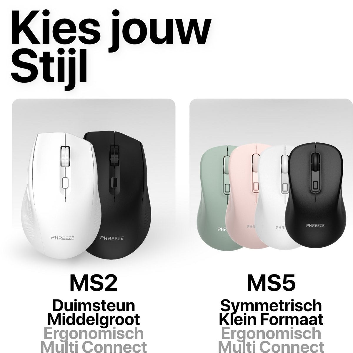 Afbeelding toont computermuizen in wit, zwart, groen, roze en wit. Tekst leest 'Kies jouw Stijl', 'MS2' en 'MS5', en productdetails.