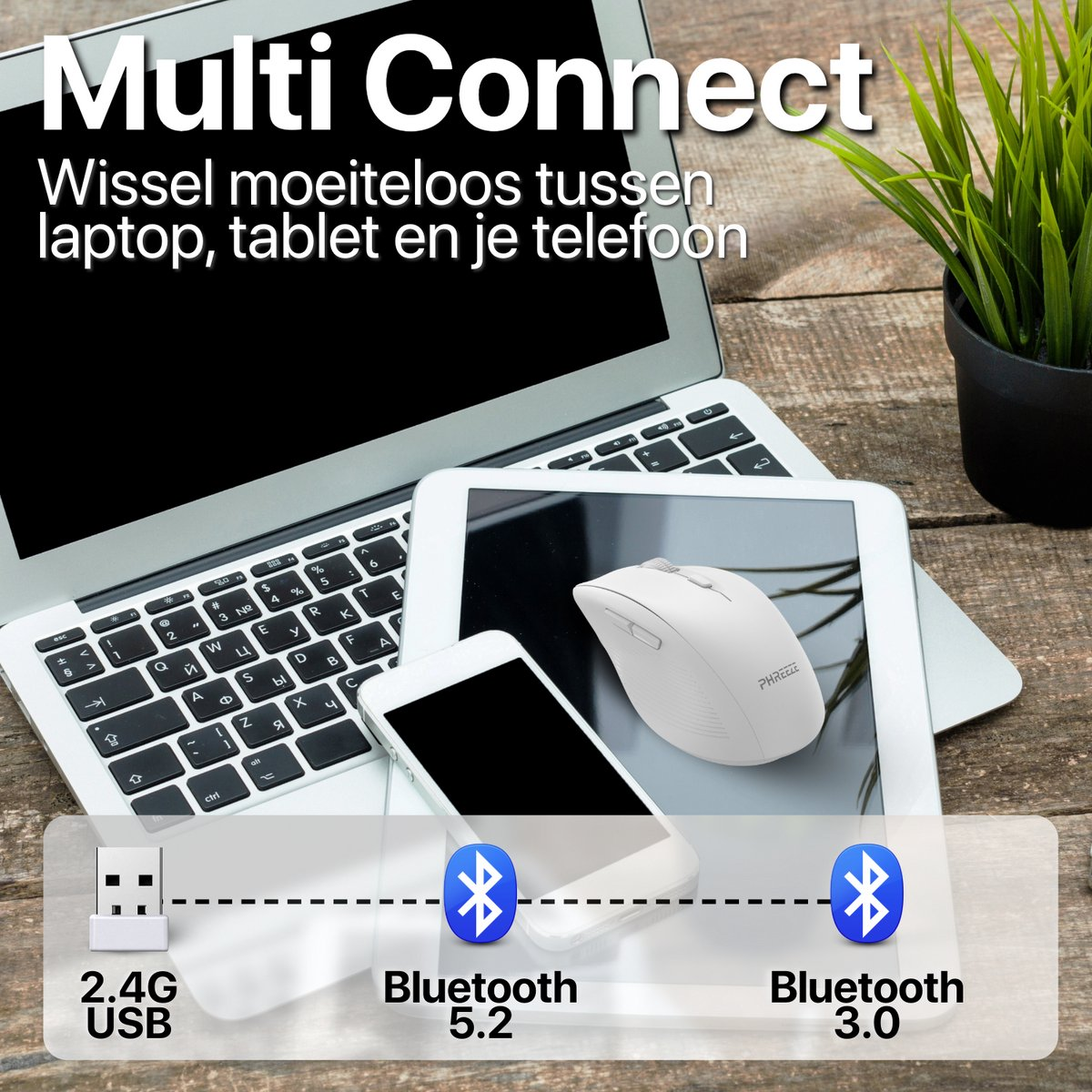 Een laptop, tablet en smartphone zijn via USB en Bluetooth verbonden met een witte muis op hout. Tekst: 'Multi Connect'.