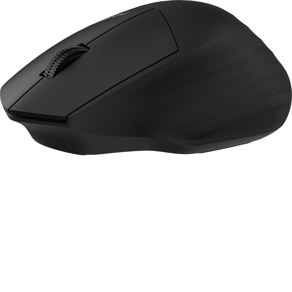 Een close-up van een zwarte computermuis. De muis heeft een scrollwiel en een strak, ergonomisch ontwerp, tegen een witte achtergrond.