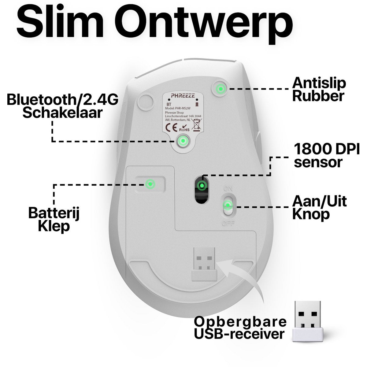 Een witte computermuis met labels die functies aangeven zoals de aan/uit-schakelaar, de USB-ontvanger en de 1800 DPI-sensor.