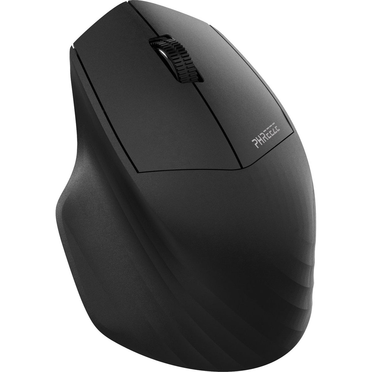 Een zwarte ergonomische computermuis met een scrollwiel en de merknaam 'PHREEE'.
