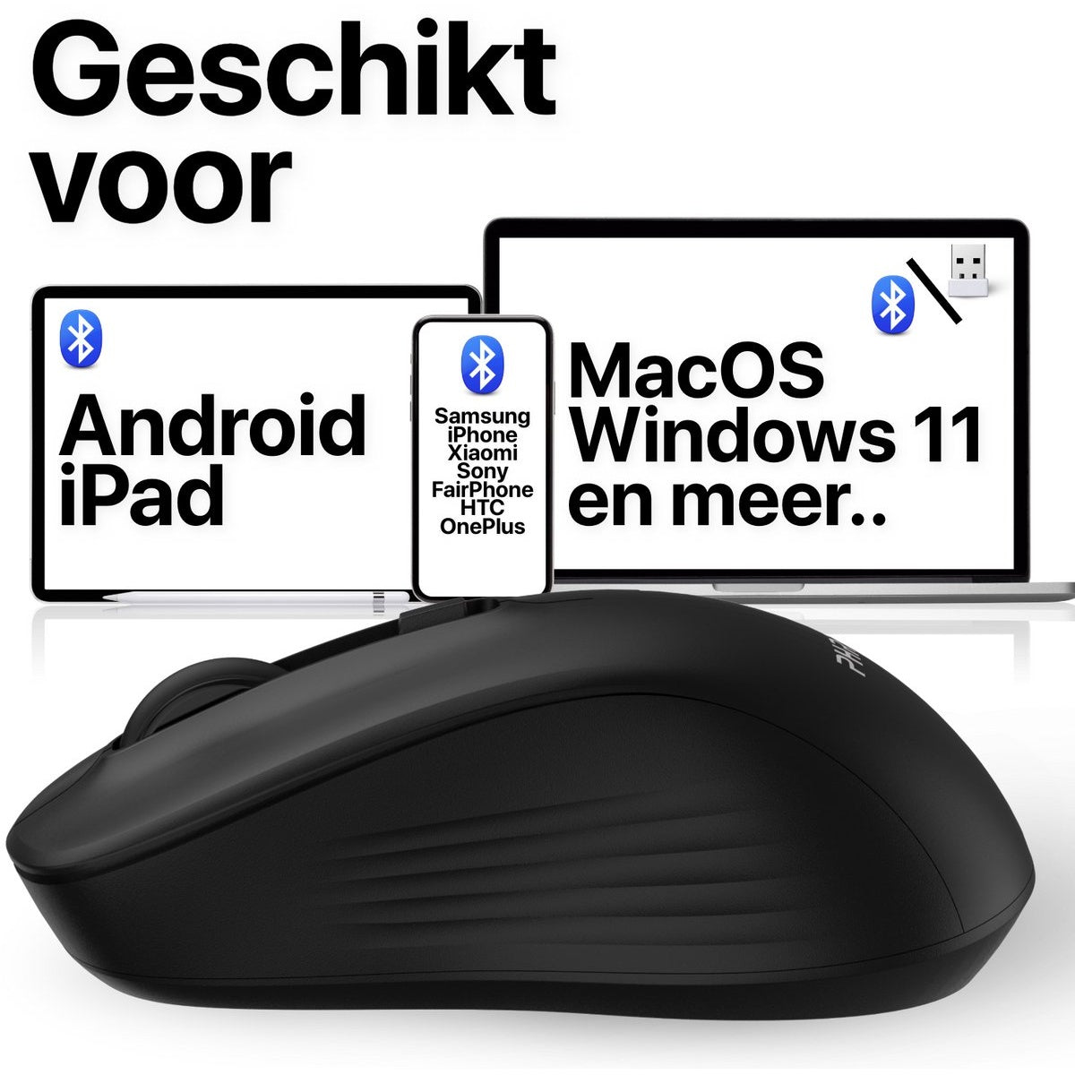 Een zwarte muis voor drie schermen, met Android, MacOS en Windows 11 compatibiliteit. Tekst zegt 'Geschikt voor'.