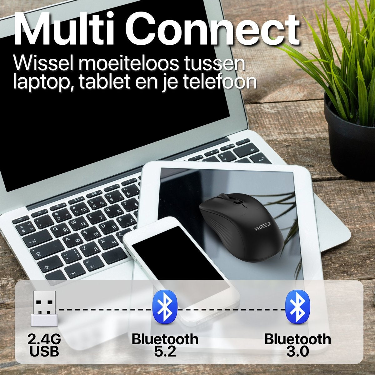 Een laptop, tablet en telefoon met een draadloze muis, USB en Bluetooth-pictogrammen die connectiviteitsopties aangeven.