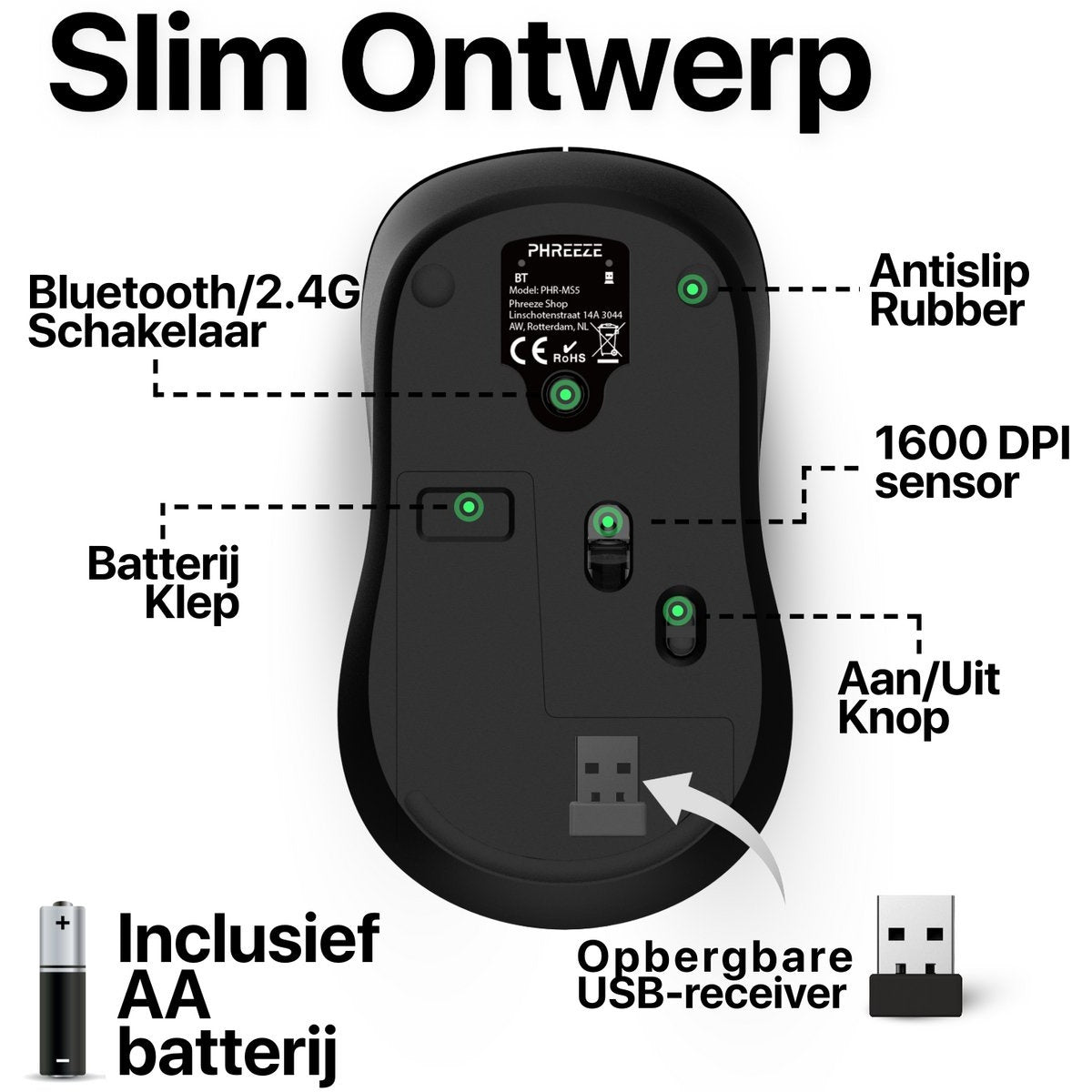 Zwarte computermuis met Nederlandse labels, waaronder 'Slim Ontwerp', 'Bluetooth' en 'USB-receiver'.
