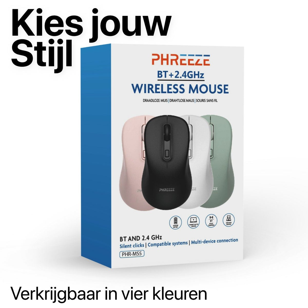 Afbeelding toont draadloze muizen in roze, zwart, wit en groen. Tekst zegt 'Kies jouw Stijl' en 'Verkrijgbaar in vier kleuren'.