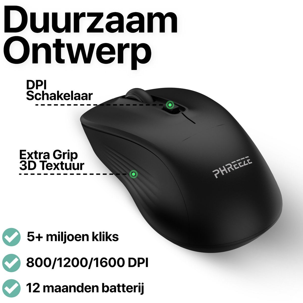 Een zwarte computermuis met een DPI-schakelaar en 3D-textuur. Tekst bevat 'Duurzaam Ontwerp' en specificaties zoals '5+ miljoen kliks'.