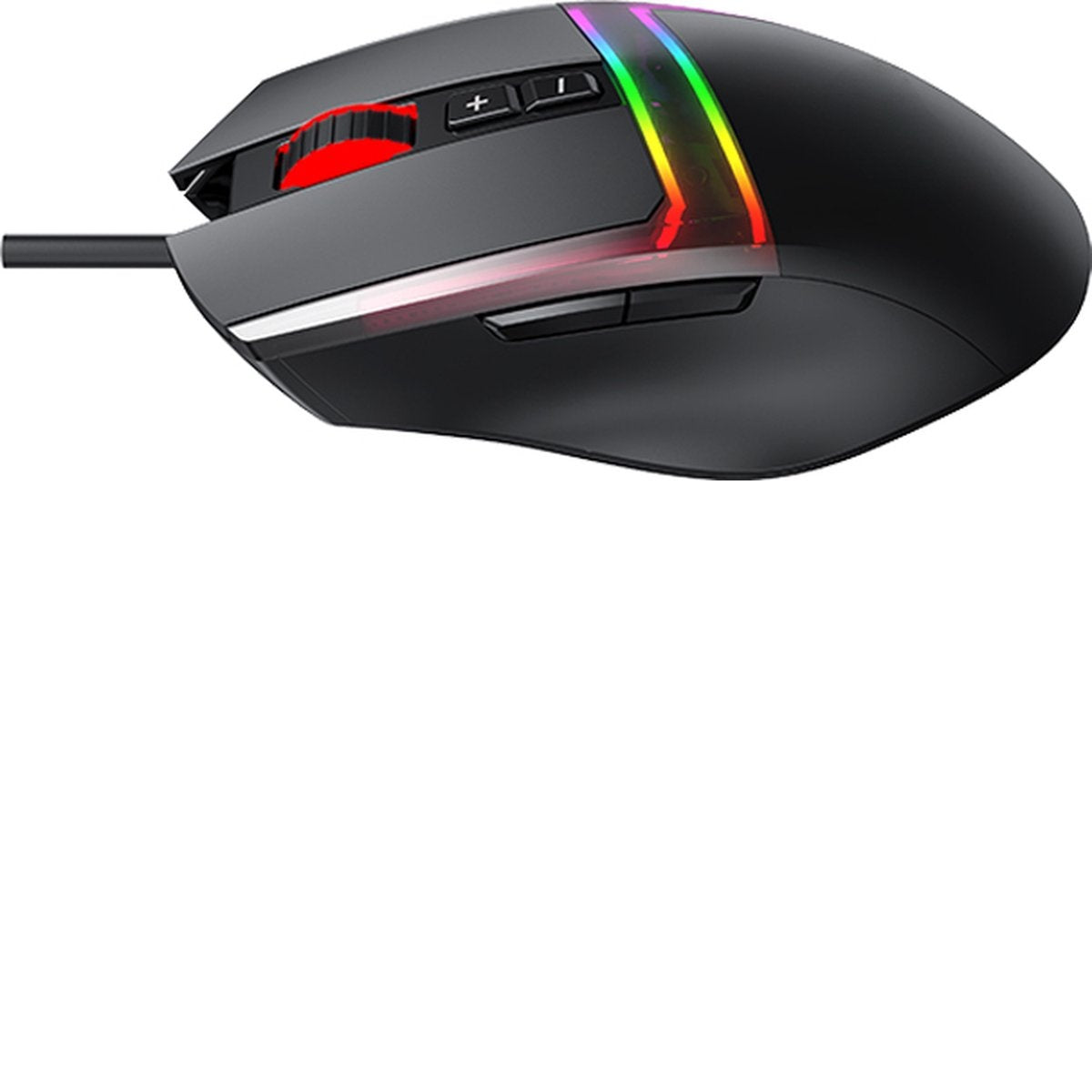 A black computer mouse with a red scroll wheel, buttons, and a rainbow-colored light strip. The mouse is on a white background.