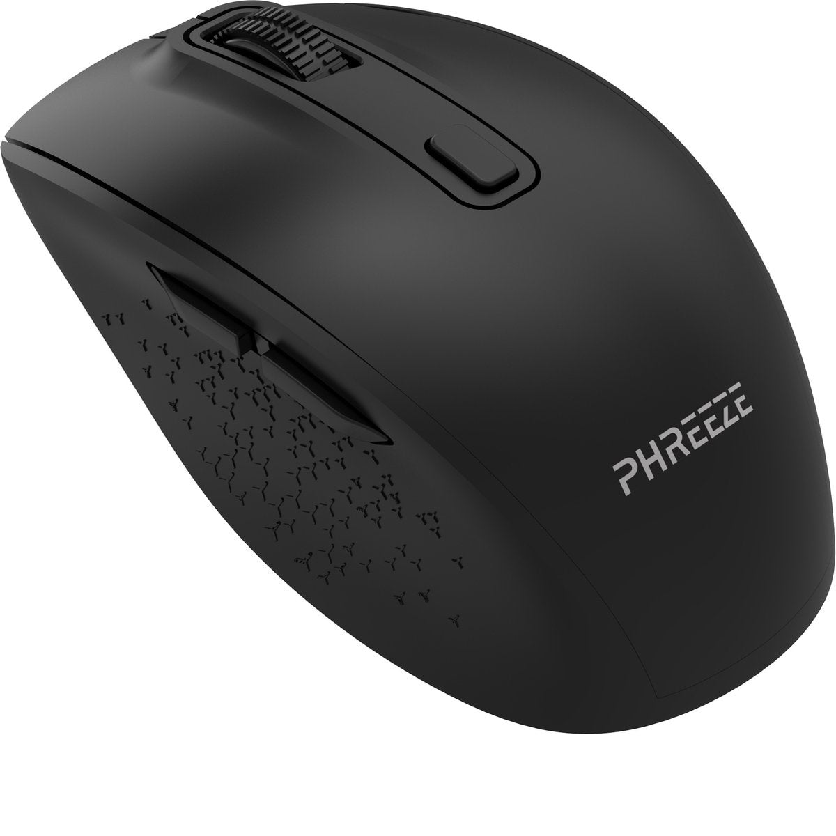Een zwarte draadloze computermuis met een scrollwiel, knoppen en het merk 'PHREEZE'. Het oppervlak heeft patronen.