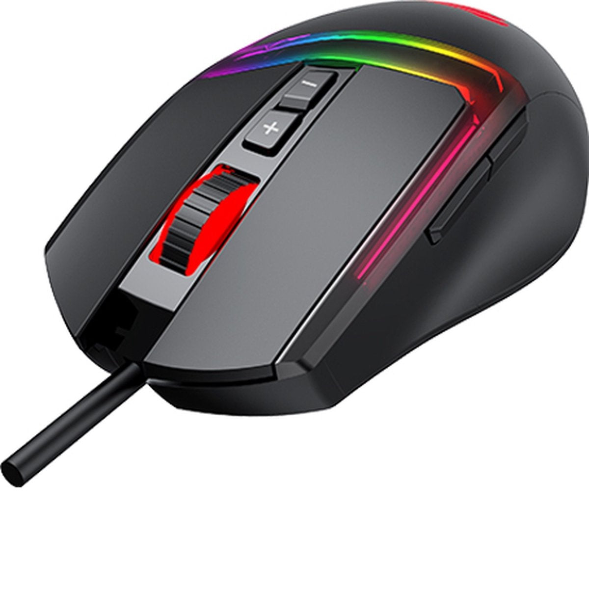 A black gaming mouse with a red scroll wheel, buttons, and a rainbow LED strip. It has a black cable.