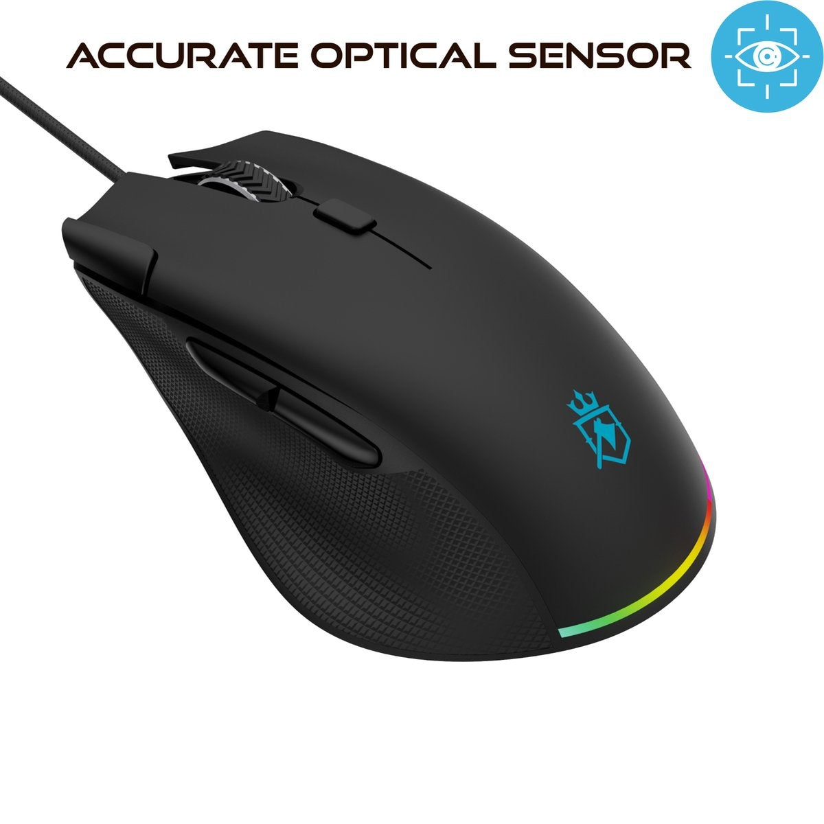 Black gaming mouse with a cable, scroll wheel, and side buttons. It has RGB lighting at the base and a logo.