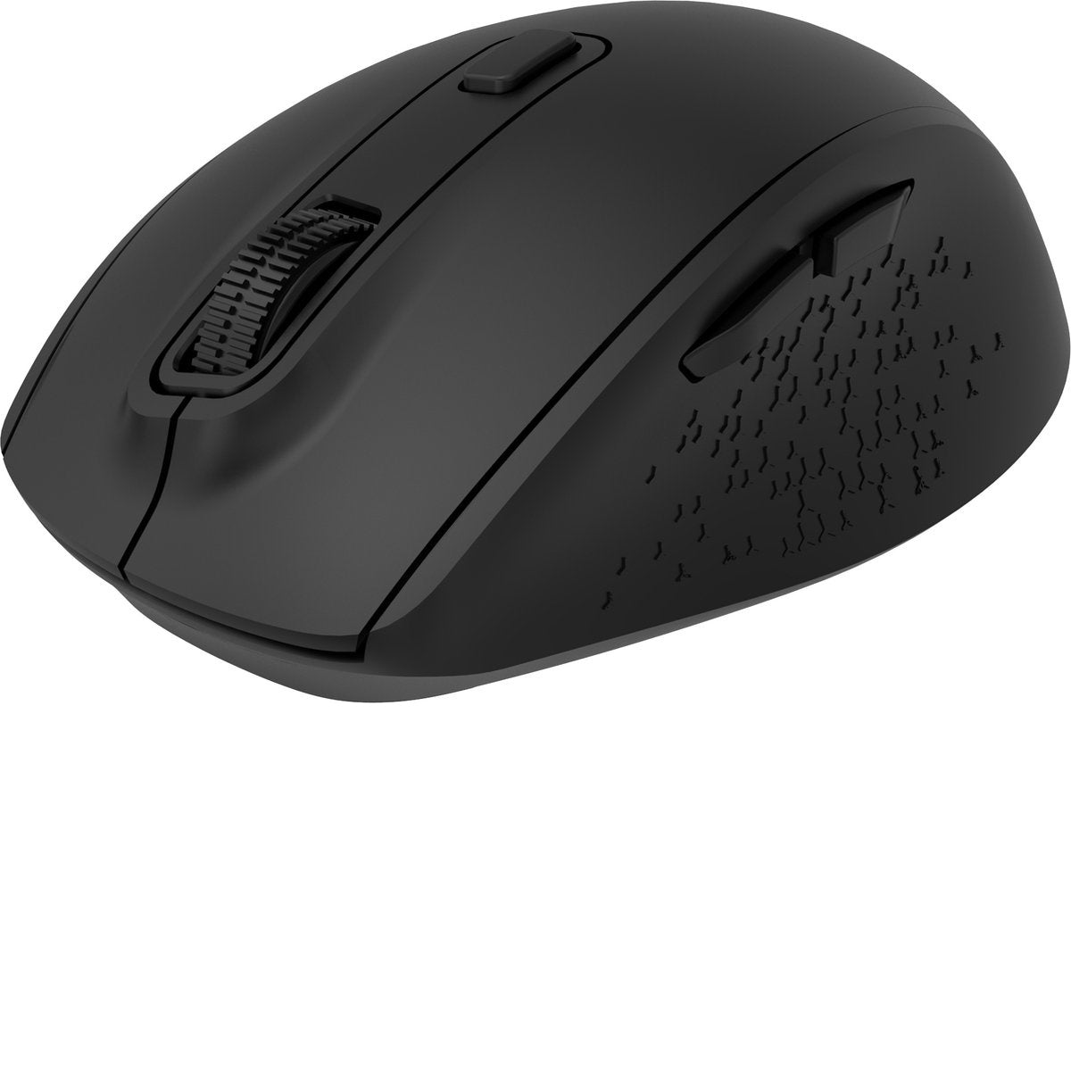 Een zwarte draadloze computermuis. Het heeft een scrollwiel, knoppen en een getextureerde zijkant voor grip. De achtergrond is wit.