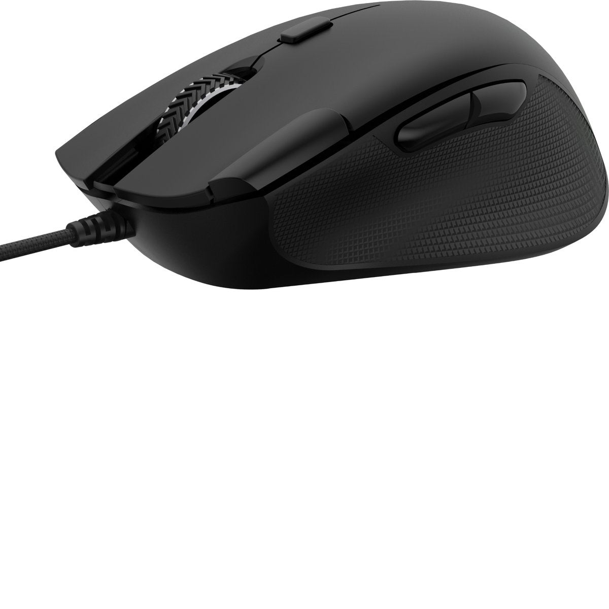 Black computer mouse with textured side and scroll wheel. A black cable is attached. White background.
