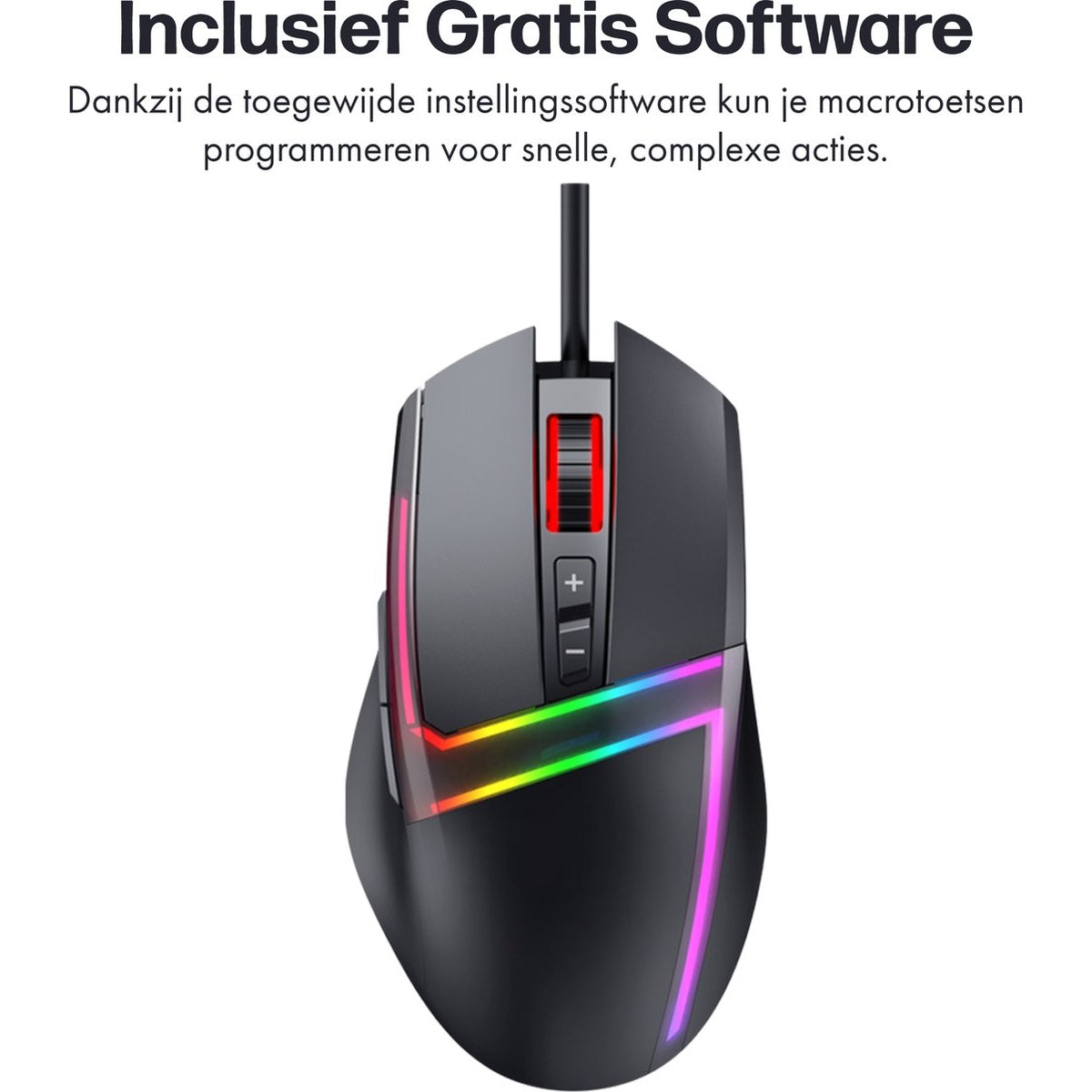 A black gaming mouse with RGB lights. It has buttons and a scroll wheel, with text at the top.