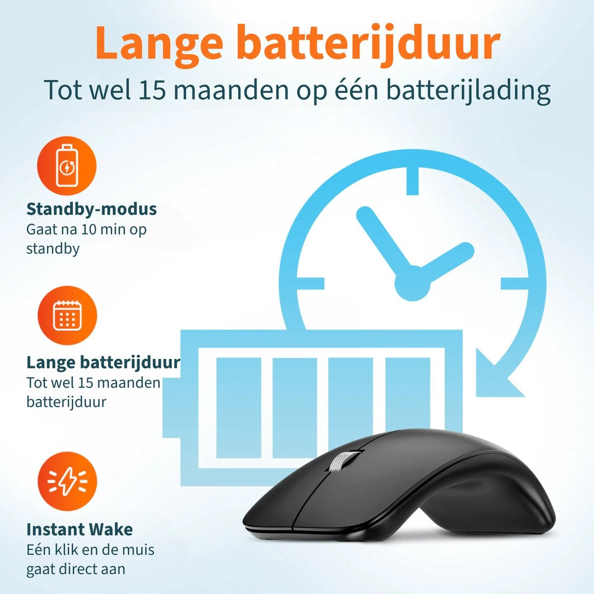 Een zwarte computermuis op een witte achtergrond. Het heeft een klok- en batterijafbeelding. Tekstdetails over de batterijduur en stand-by.