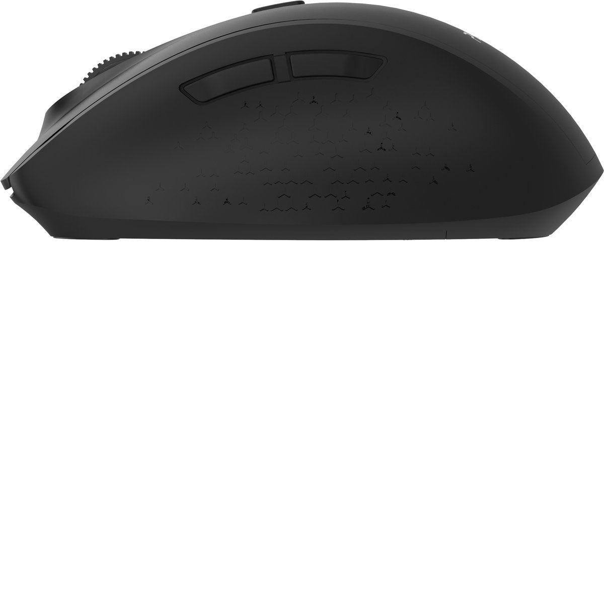 Een zwarte computermuis met twee knoppen en een scrollwiel, staat op een witte achtergrond.