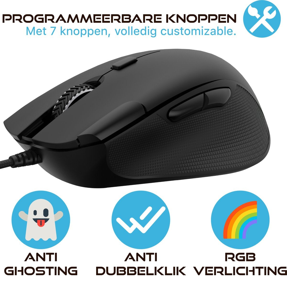 Black computer mouse with 7 programmable buttons. It has anti-ghosting, anti-double click, and RGB lighting.