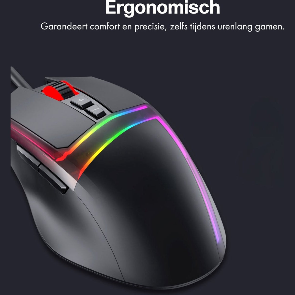 Black ergonomic gaming mouse with colorful LED lights. Includes buttons and a scroll wheel, on a dark gray background.