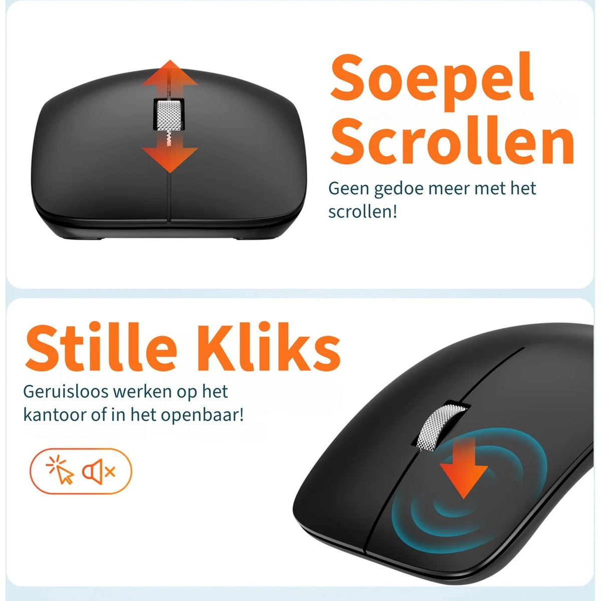 Afbeelding toont een zwarte muis met oranje pijlen die scroll- en klikacties aangeven. Tekst benadrukt 'Smooth Scrolling' en 'Silent Clicks'.
