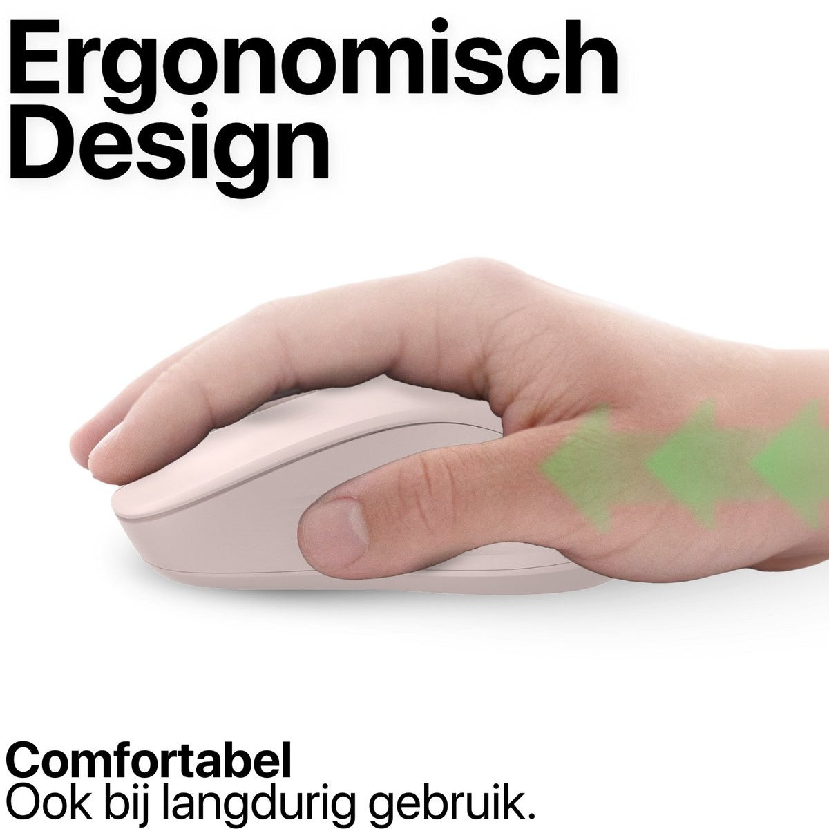 Een hand houdt een roze computermuis vast. Groene pijlen duiden ergonomisch ontwerp aan. Tekst: 'Ergonomisch Design' en 'Comfortabel'.