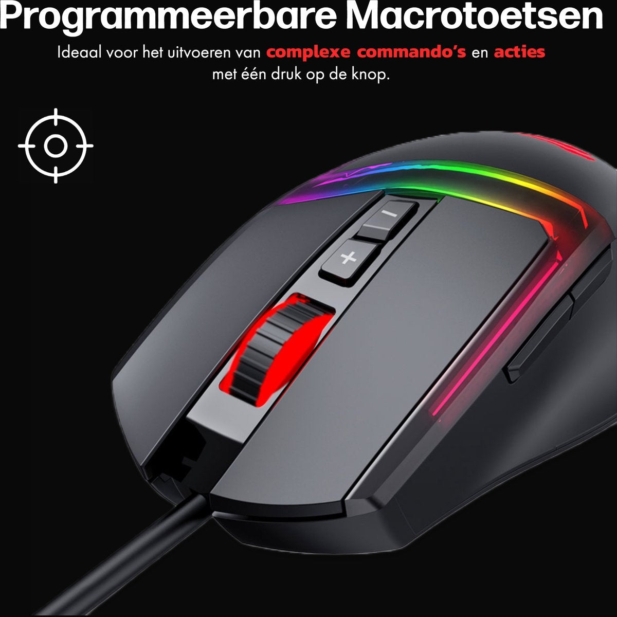 A gaming mouse with red scroll wheel and buttons. It has RGB lighting. The background is black with text. A target icon is on the left.