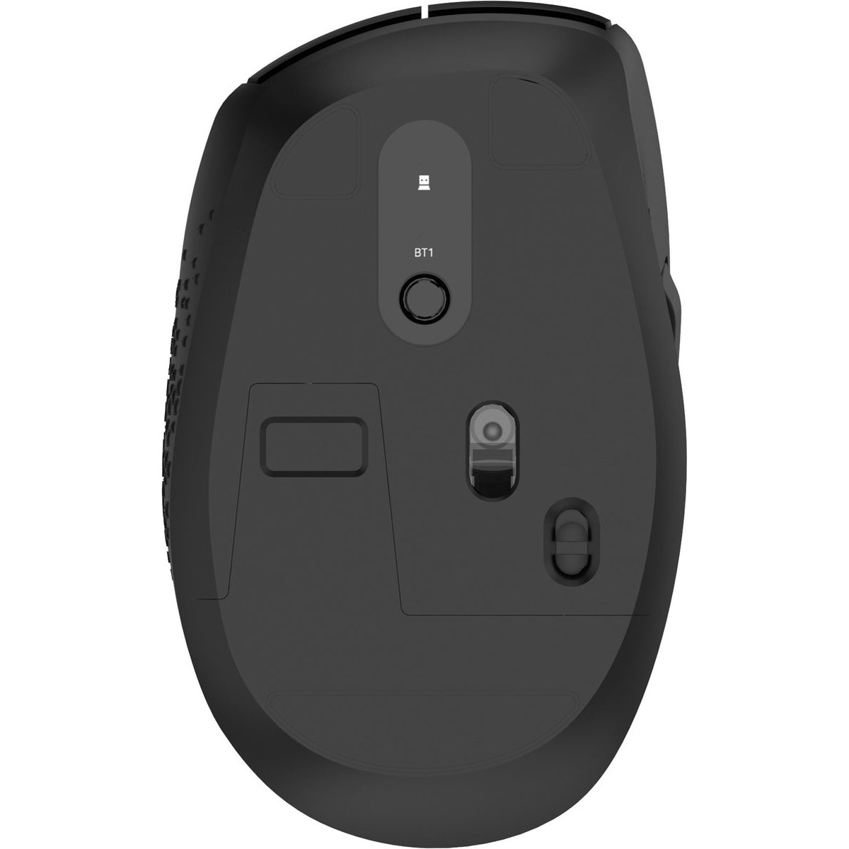 Een zwarte computermuis. Het heeft knoppen, een scrollwiel en een kleine knop met het label 'BT1'. De muis wordt van onderaf gezien.