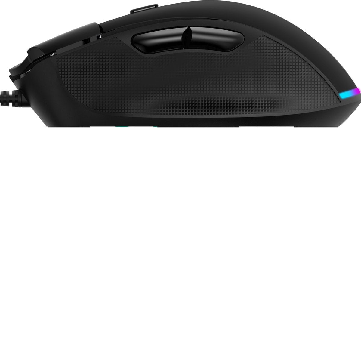 A black computer mouse with textured sides and a scroll wheel. A multi-colored light shines at the bottom.