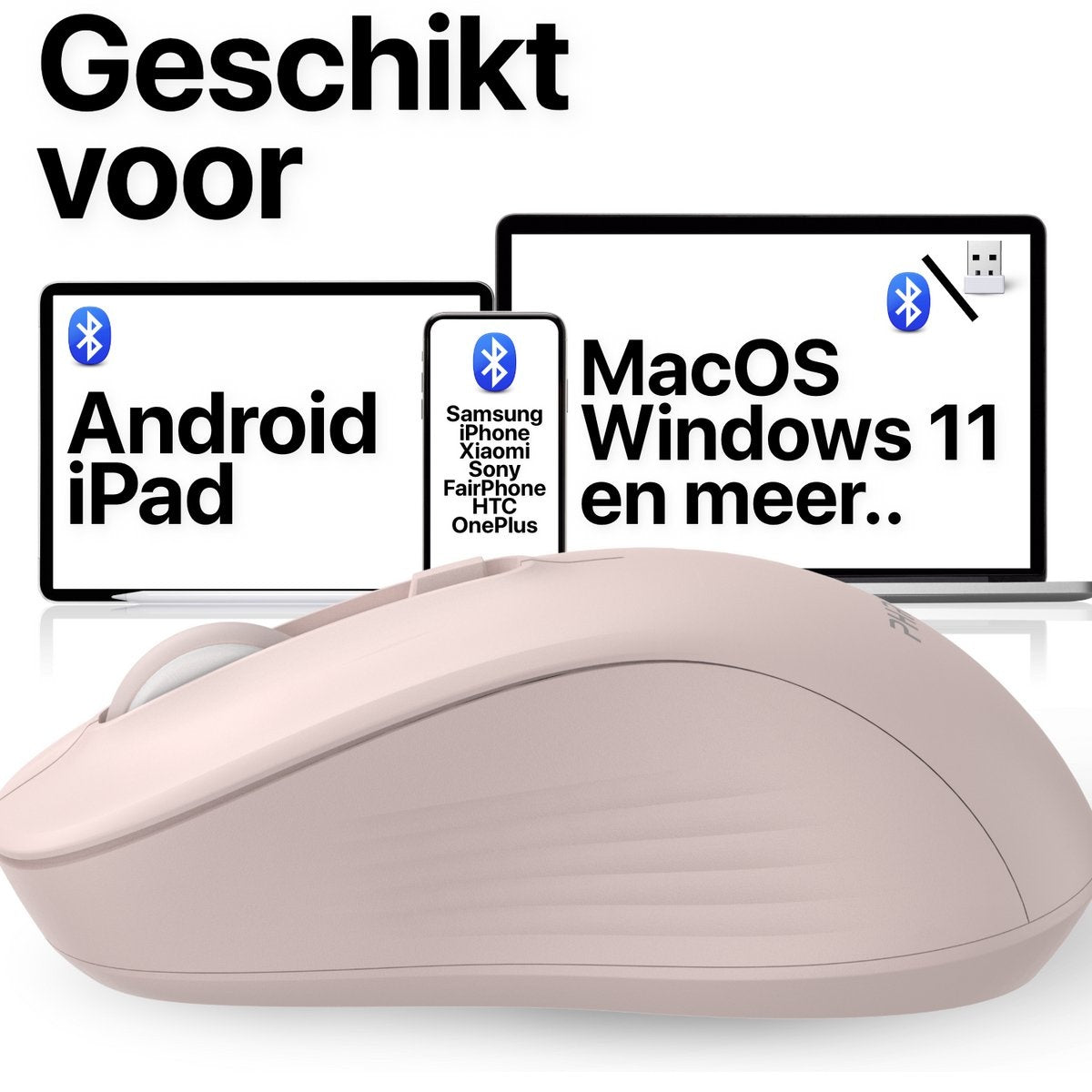 Een roze muis op de voorgrond. Achter, een tablet, een telefoon en een laptop met de tekst: Android, MacOS, Windows 11.
