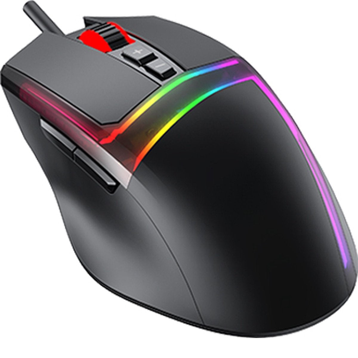 Black gaming mouse with red scroll wheel and colorful LED lights. It has buttons and a cable attached.
