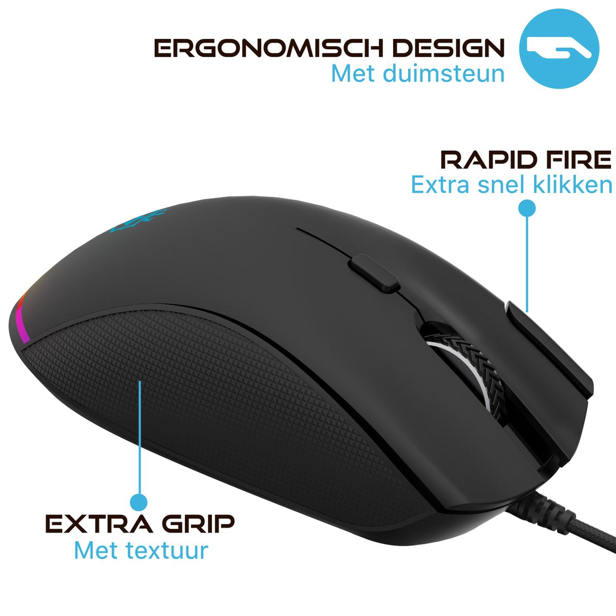 Black ergonomic gaming mouse with text descriptions: extra grip, rapid fire, and ergonomic design.